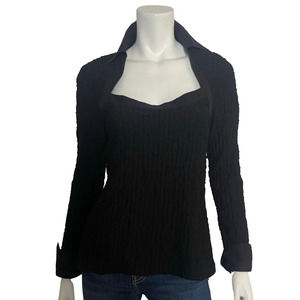 Anne Fontaine sz 4 Shirt Blouse Knit Black Long Sleeve Collar Stretch Top